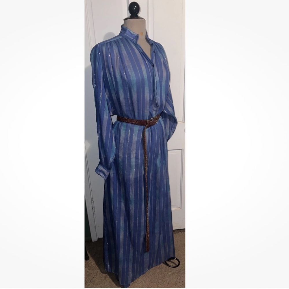 Vintage 70s Sultana By Adini India Blue Ombré Gold Metallic Caftan Maxi Dress OS